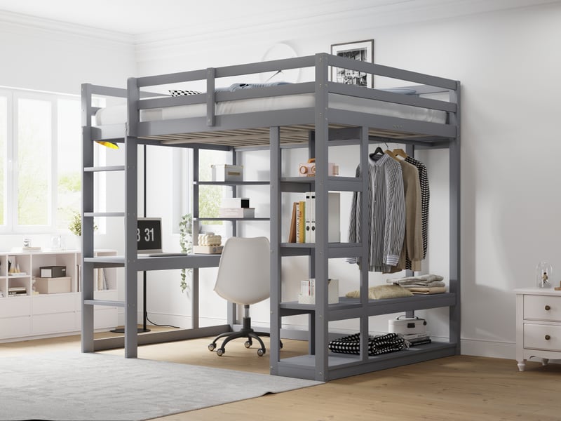 Lit mezzanine 140x200 cm avec bureau et étagère, lit enfant avec étagère de rangement, gris, lit double en bois massif  - Conforama W