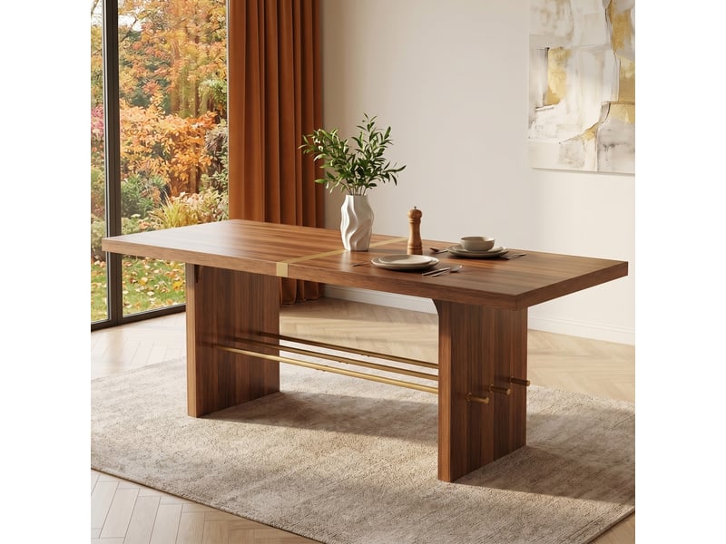 Table à manger 6 à 8 places plateau épais 4 cm - lpospi - traverse dorée, mdf effet noyer et or 180 × 75 cm - Conforama B