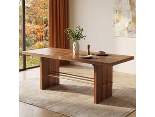 Table à manger 6 à 8 places plateau épais 4 cm - traverse dorée, mdf effet noyer et or 180 × 75 cm