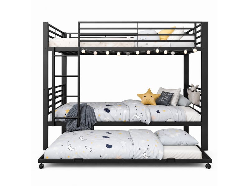  Lit superposé enfant 90x200 cm noir en métal avec lit gigogne 90x190 cm, échelle et garde-corps, sans matelas  - Conforama A