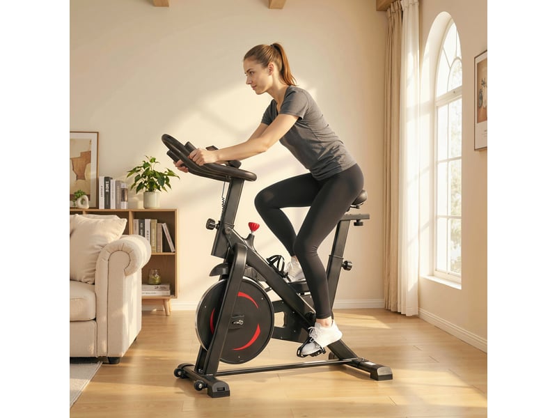  Vélo d'appartement réglable en hauteur, avec application, résistance magnétique, écran lcd ajustable, guidon, support pour téléphone  - Conforama D