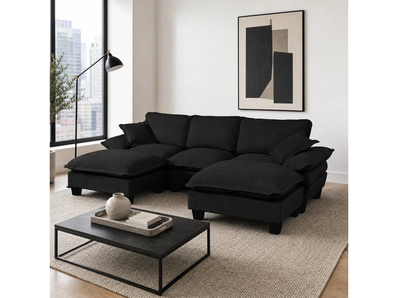 Canapé d'angle modulaire u 264x155x90 cm, 5 places, 2 poufs mobiles, 2 coussins, chenille noir - Conforama B