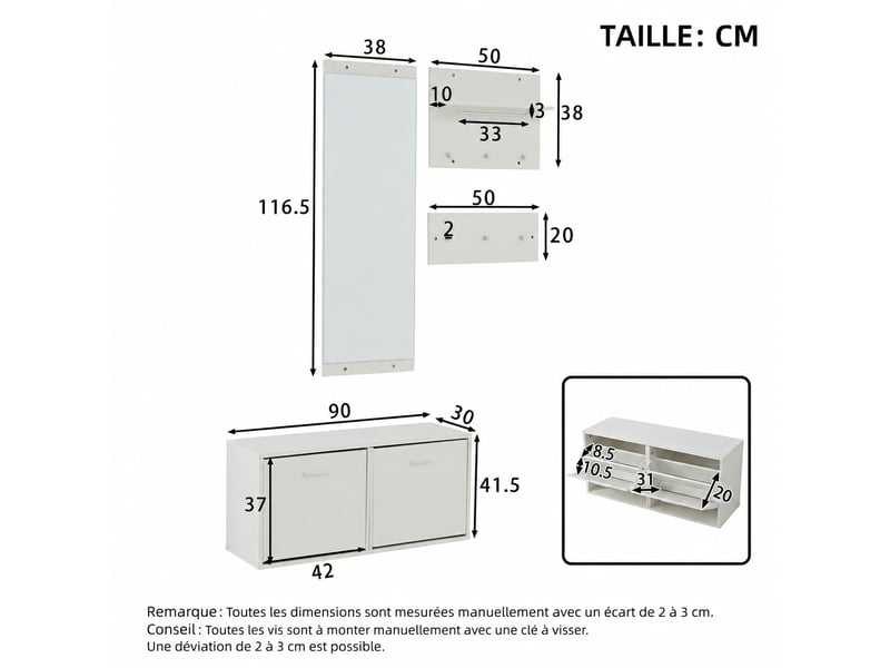  Ensemble meuble d’entrée blanc 4 pièces avec miroir, meuble à chaussures et 6 crochets  - Conforama E