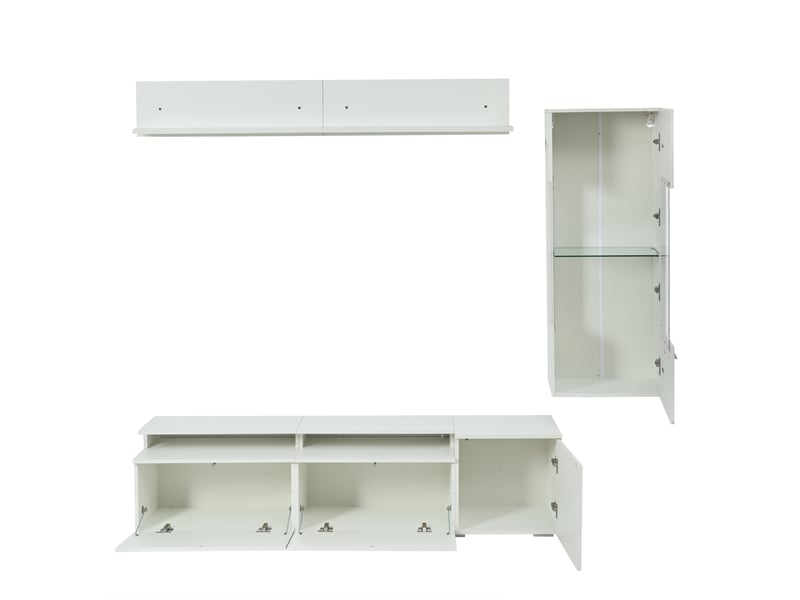 Ensemble meuble tv mural 3 pièces blanc brillant avec led, meuble tv, vitrine et étagère suspendue pour tv jusqu'à 80 pouces - Conforama E
