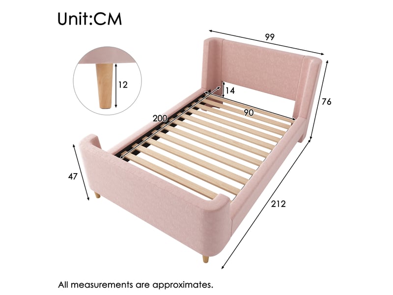 Lit simple 90x200cm, design simple, lit enfant avec tête de lit et sommier, velours rose, sans matelas - Conforama C