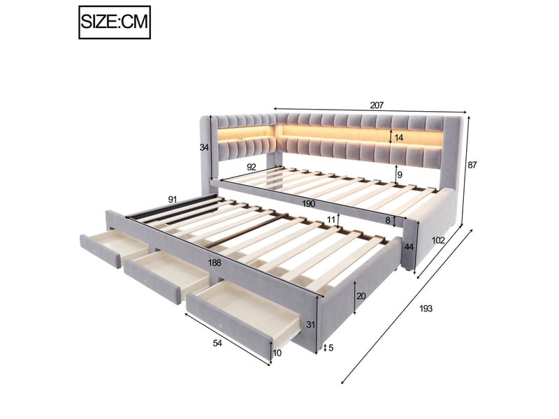  Lit gigogne 90x190 cm, lit jeune  avec rangement, led et usb en mdf couleur gris clair sans matelas, moderne  - Conforama C