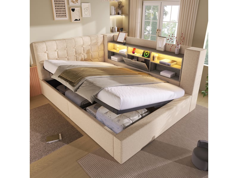 Lit double 140x190 avec rangement hydraulique, tête de lit en l modulable, éclairage led et ports usb, en lin beige - Conforama B