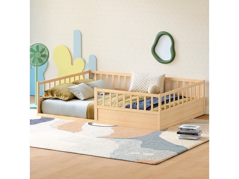  Lit enfant 140x200 cm-lit  au sol 140x200 cm - avec barrières de sécurité et sommier à lattes- bois de pin- naturel  - Conforama B