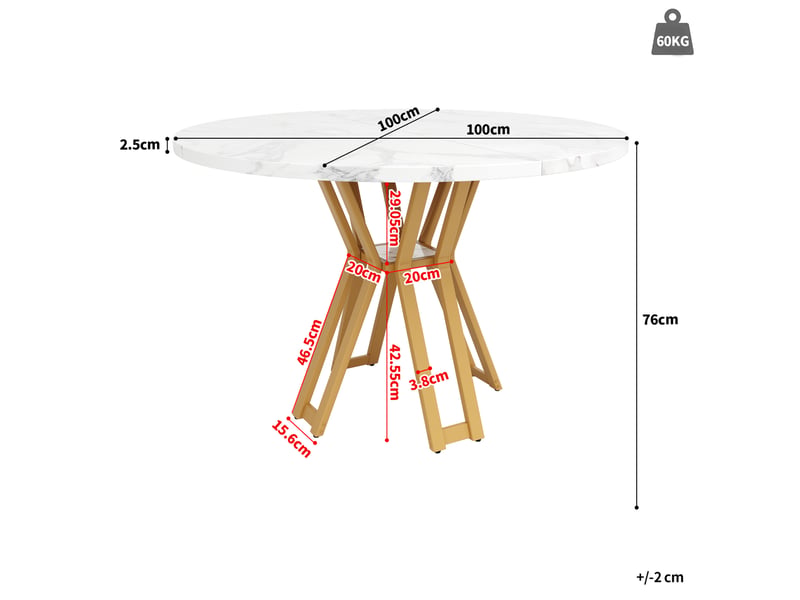  Table à manger ronde 100 x 100 x 76 cm, plateau mdf effet marbre, blanc et doré  - Conforama C