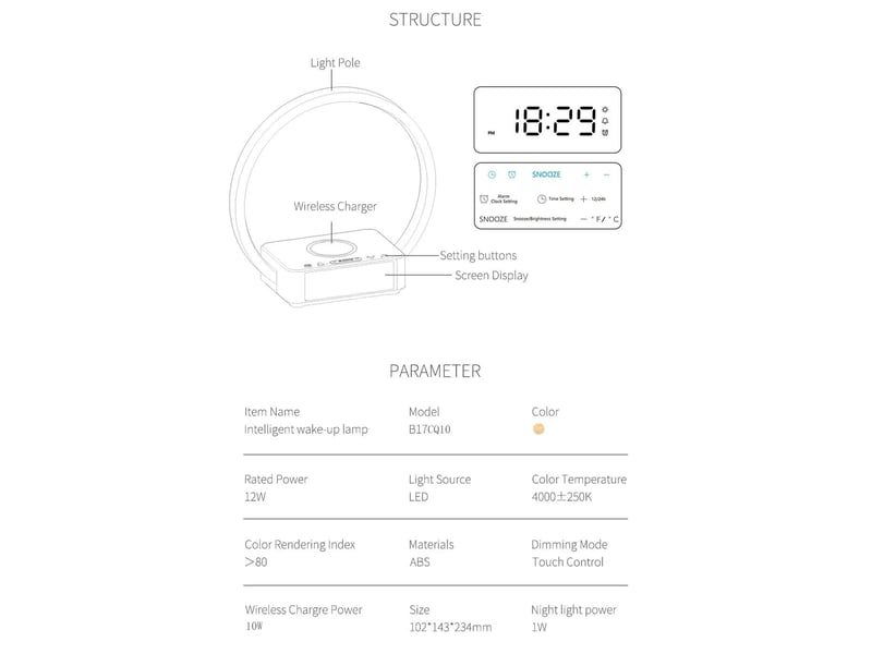  Lampe de chevet chargeur sans fil – avec réveil, tactile, dimmable, couleur bois  - Conforama E