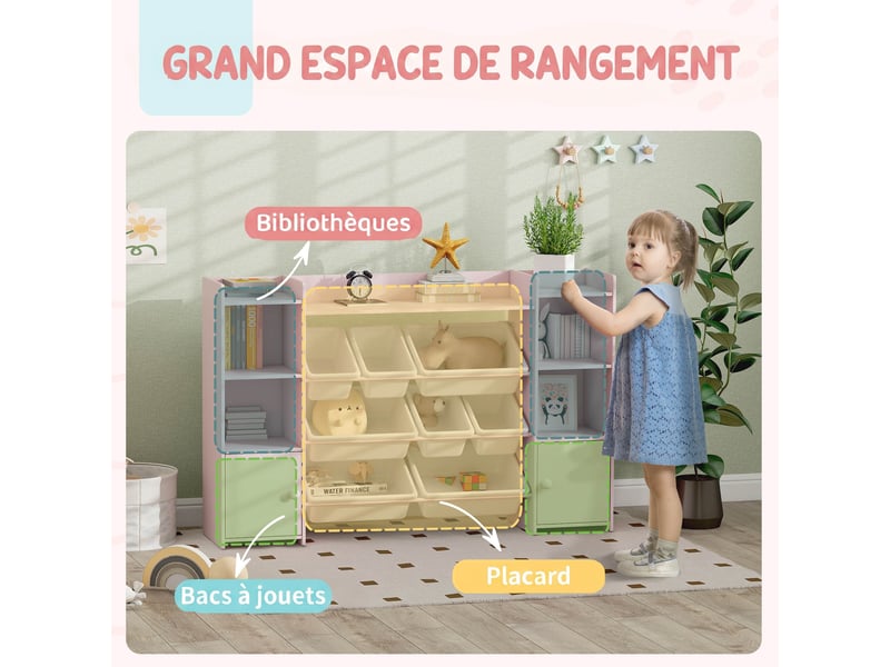 Bibliothèque enfant - rangement à bacs posés x 8 - 4 niches, 3 étagères, 2 portes - rose - Conforama D