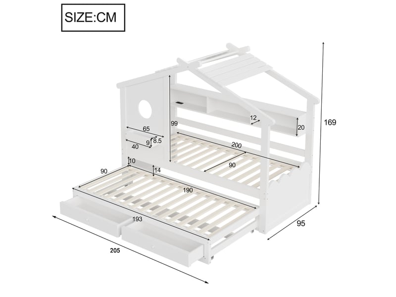  Lit enfant 90x200cm, lit gigogne 90x190cm, 2 tiroirs et led, charge, design en forme de maison, bois, blanc sans matelas  - Conforama C