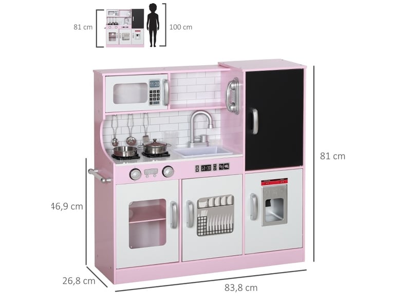  Cuisine jouet avec casseroles, 83,8x26,8x81 cm, tableau noir, téléphone, machine à glaçons, cuisinière, bois, rose  - Conforama C