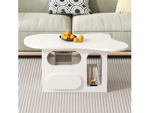 Table basse nuage 97x45x43,5 cm, 1 tiroir et niches ouvertes, bords arrondis, panneau de particules, blanc