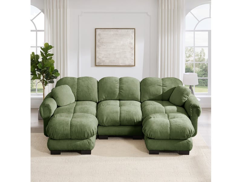  Canapé en u modenvie 3 places en chenille vert avec ottomane mobile et 2 coussins décoratifs, 260 x 149 x 90 cm  - Conforama E