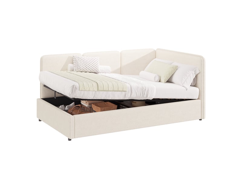 Lit enfant lit simple 90x200 cm avec coffre hydraulique, banquette lit réversible, tissu bouclé, beige OPULERANE TRADING LTD - Conforama A