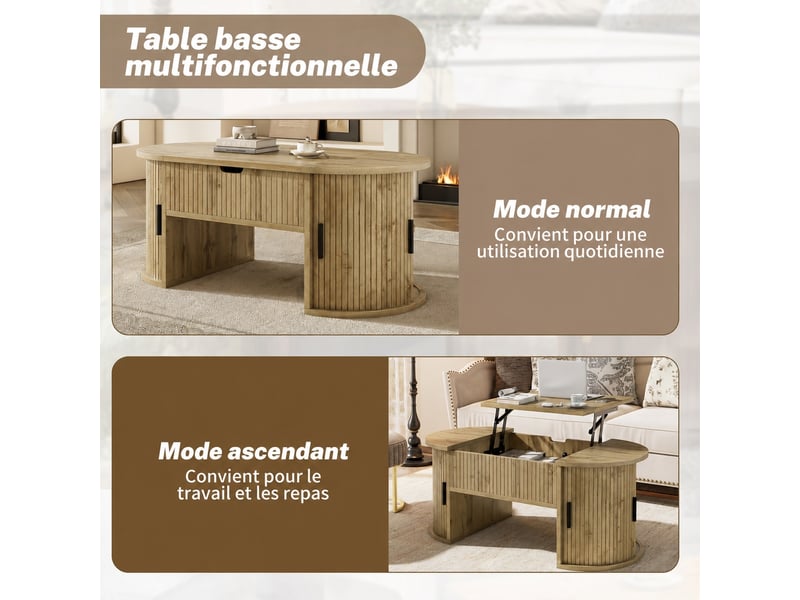  Table basse ovale relevable en mdf effet chêne avec rangements, 100 x 50 x 40,5 cm  - Conforama D