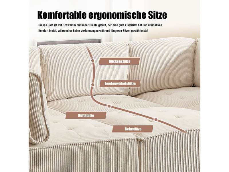 Canapé modulable 6 places beige, tissu côtelé, structure métal et bois, design panoramique, rangement intégré, salon spacieux - Conforama E