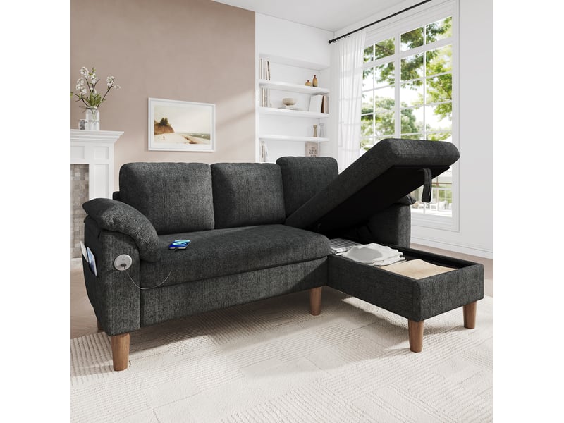  Canapé d'angle xxl 3 places 181x125 cm avec méridienne réversible, rangement intégré, usb et usb-c, tissu chenille - gris OPULERANE TRADING LTD - Conforama E