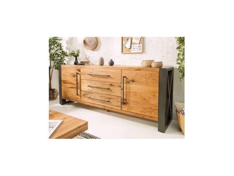 Buffet cavara 200 cm en chêne massif et métal noir – 2 portes, 3 tiroirs et grands rangements - Conforama B