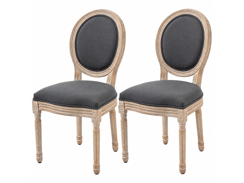  Lot de 2 chaises de salle à manger - chaise de salon médaillon style louis xvi - bois massif sculpté, patiné - aspect lin gris  - Conforama E