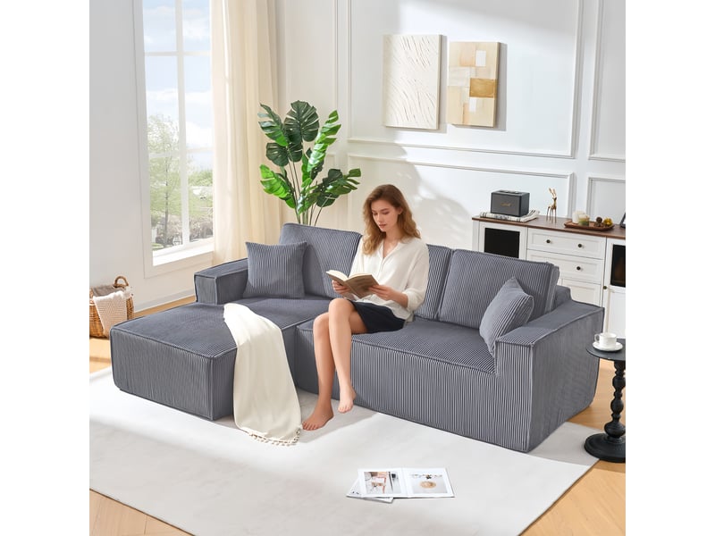  Canapé d'angle, canapé modulable – avec méridienne, en velours tricoté, gris, mousse haute densité, 2 places  - Conforama C