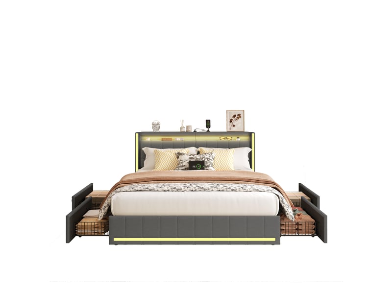 Lit double coffre 180x200 cm en tissu avec éclairage led rgb, 4 tiroirs de rangement, ports usb et usb-c, tête de lit rembourrée, sommier inclus, sans matelas