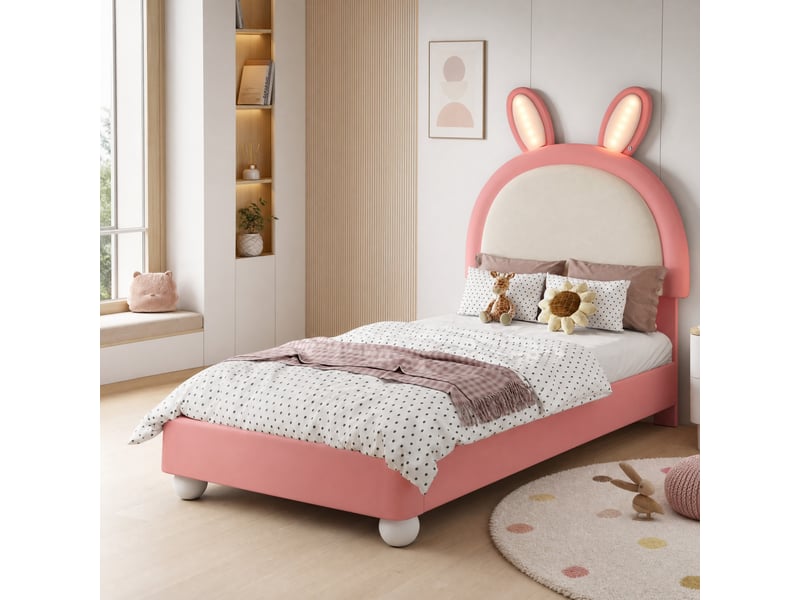  Lit enfant 90x200 cm avec led et bord antichoc en pu rose et blanc  - Conforama C
