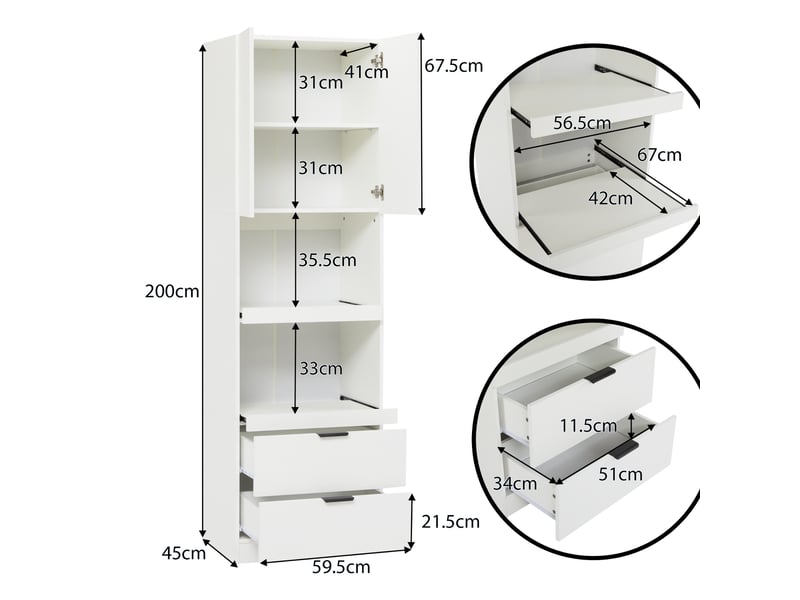  Buffet de cuisine - 59.5x45x200 cm - meuble de rangement haute avec portes, tiroirs, tablettes et anti-basculement - blanc  - Conforama E