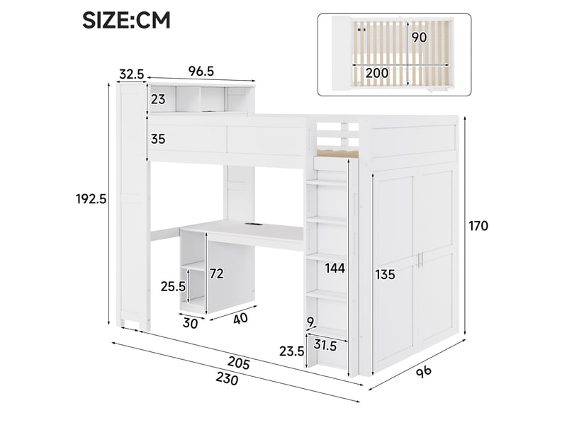  Lit mezzanine 90x200 cm blanc, avec bureau intégré, rangements, placard 3 compartiments, led, étagères, sommier inclus, sans matelas  - Conforama C