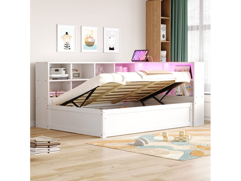  Modenvie lit banquette 90x200 cm - avec rangements et prise intégrée, avec télécommande - blanc  - Conforama B