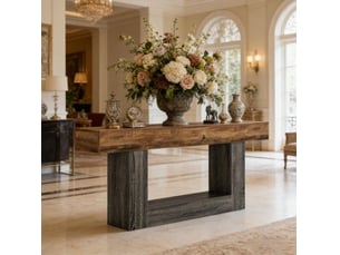 Console avec étagère ouverte, base en u et finition bicolore pour salon et entrée en mdf gris et marron