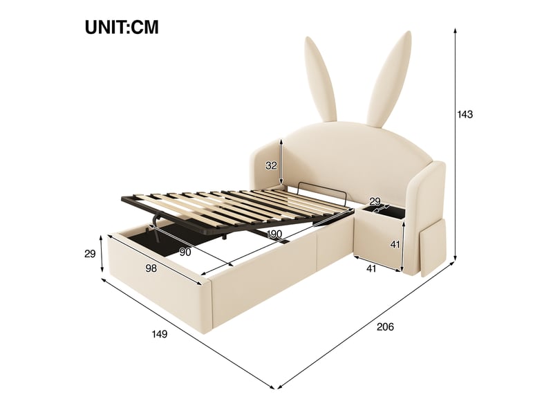  Lit coffre 90x190 cm, lit enfant, rangement hydraulique, table de chevet, motif lapin, velours beige  - Conforama C