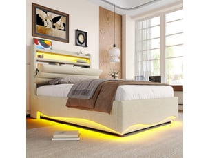 Lit adulte 90 x 200 cm en tissu beige avec led, rangement hydraulique, usb et type-c