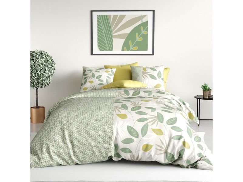  Parure housse de couette 240x220cm + 2 taies motif feuilles vert et jaune 100% coton - eureka EUREKA - Conforama A