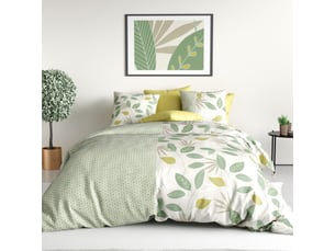 Parure housse de couette 240x220cm + 2 taies motif feuilles vert et jaune 100% coton - eureka