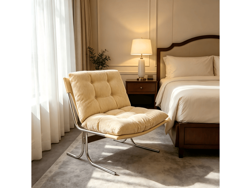  Fauteuil dappoint en velours côtelé crème avec housse amovible pieds métal chromé pour salon chambre balcon evarich - Conforama E