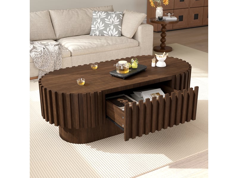 Table basse ovale avec 1 tiroir de rangement, décor à lamelles verticales pour salon, en mdf noyer, 100 × 50 × 35,5 cm - Conforama C
