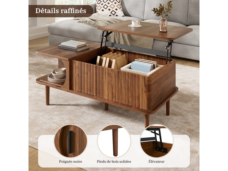  Table basse noyer, rangement, fermeture douce, étagères réglables, plan relevable, design moderne - mdf et bois - 100x48x55.5cm  - Conforama D