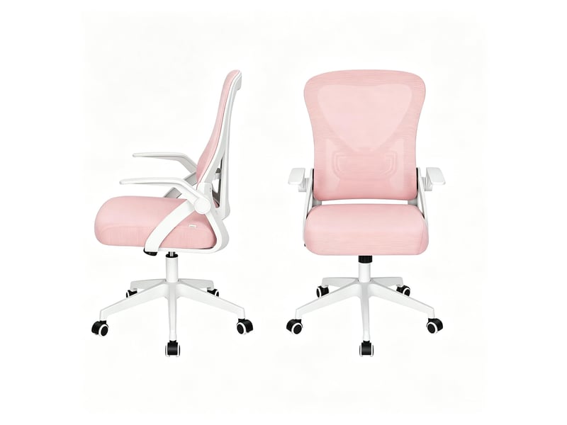  Chaise de bureau ergonomique pivotante avec dossier en maille, accoudoirs pliables, hauteur réglable, rose, 47x42x111.5 cm  - Conforama A