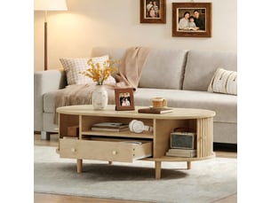 Table basse avec un tiroir et des espaces de rangement ouverts, 4 pieds, couleur chêne