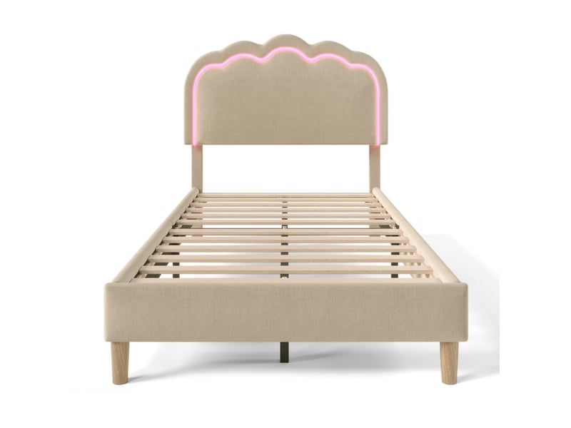 Lit simple rembourré en tissu lin beige 90 x 200 cm, tête réglable, sommier à lattes et led - Conforama A
