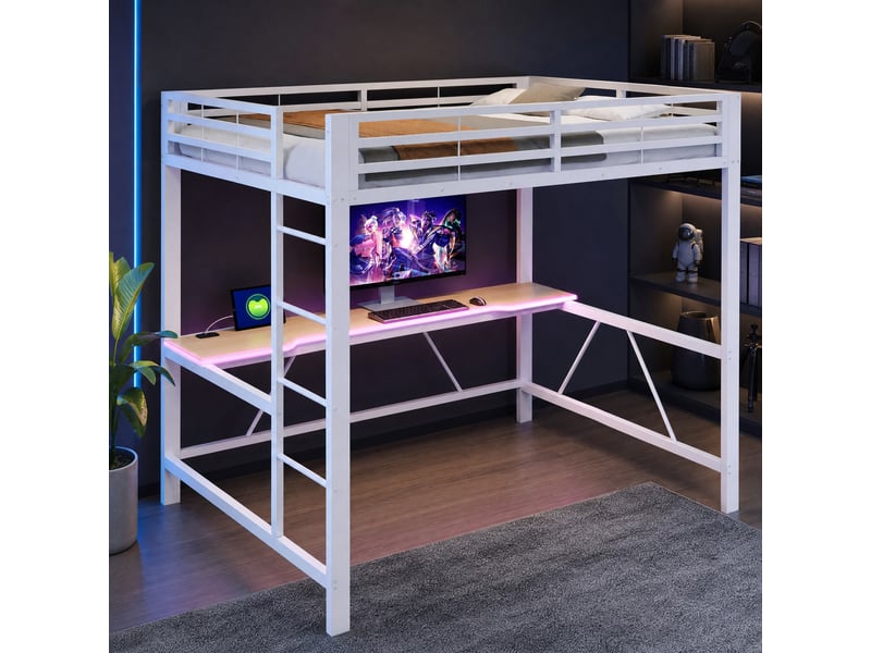 Lit mezzanine 2 places 140×200 cm avec bureau, led et usb - sans matelas métal et mdf - blanc - Conforama B