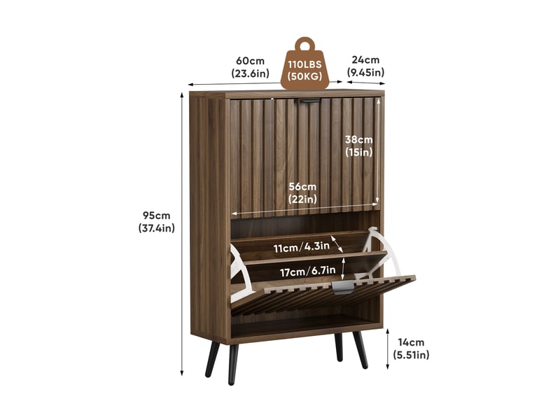  Meuble à chaussures 60 cm avec 2 compartiments basculants, décor rainuré, noyer et noir mat  - Conforama C