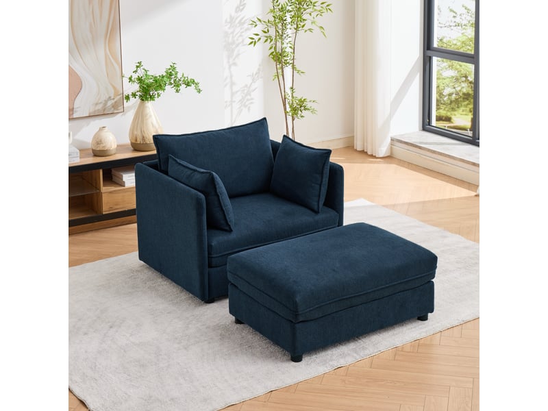  Fauteuil avec pouf modulable et coffre de rangement, repose-pieds pour salon et petits espaces, en velours bleu  - Conforama B