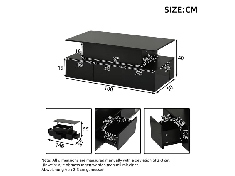  Table basse relevable 100x50x40 cm en mdf avec 4 tiroirs, rangement caché, led et usb noire chicfurn  - Conforama C