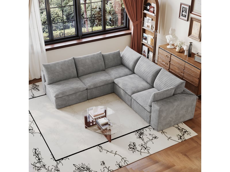  Canapé nuage velours côtelé 5 places gris foncé 340cm - modulable, mousse haute densité, sans montage  - Conforama W