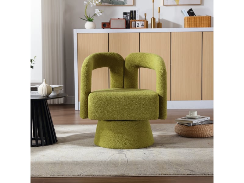  Fauteuil crapaud pivotant 360° 67x55x74cm – fauteuil tonneau lounge au design évidé avec socle en métal – tissu bouclé - vert  - Conforama D