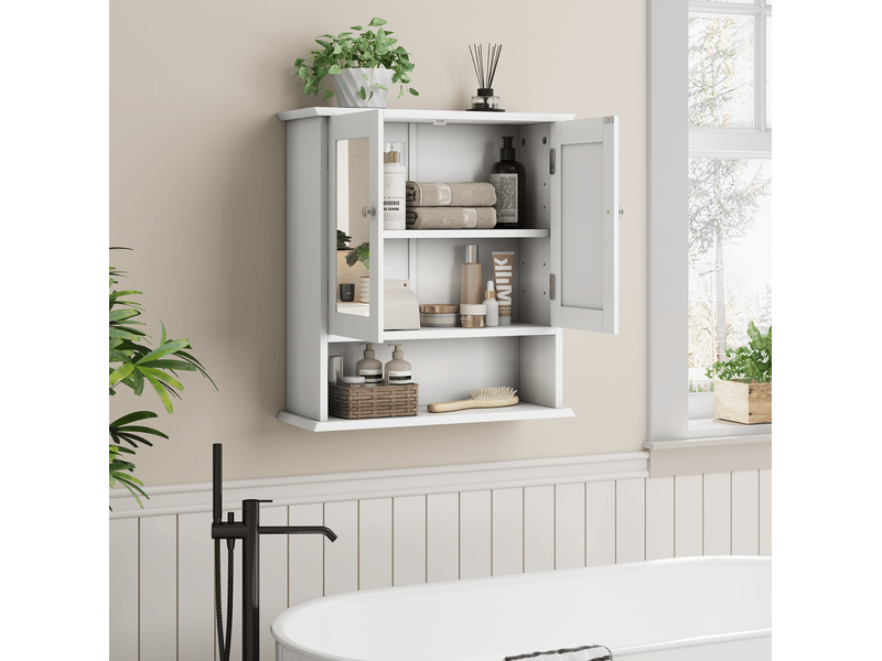 Armoire de salle de bain murale avec miroir, étagères réglables et niche ouverte, en mdf blanc, 54,6 × 19,8 × 60 cm - Conforama D