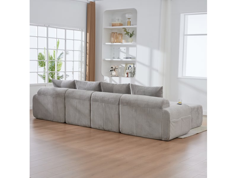  Canapé modulable 4 places 333x174x80 cm, assises généreuses, porte-gobelet incorporé, poche latérale, velours côtelé gris clair  - Conforama E